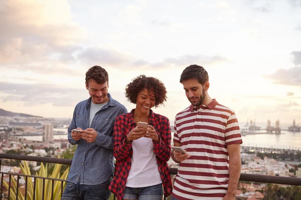 Two guys and girl looking at cellphones — Stock Photo, Image