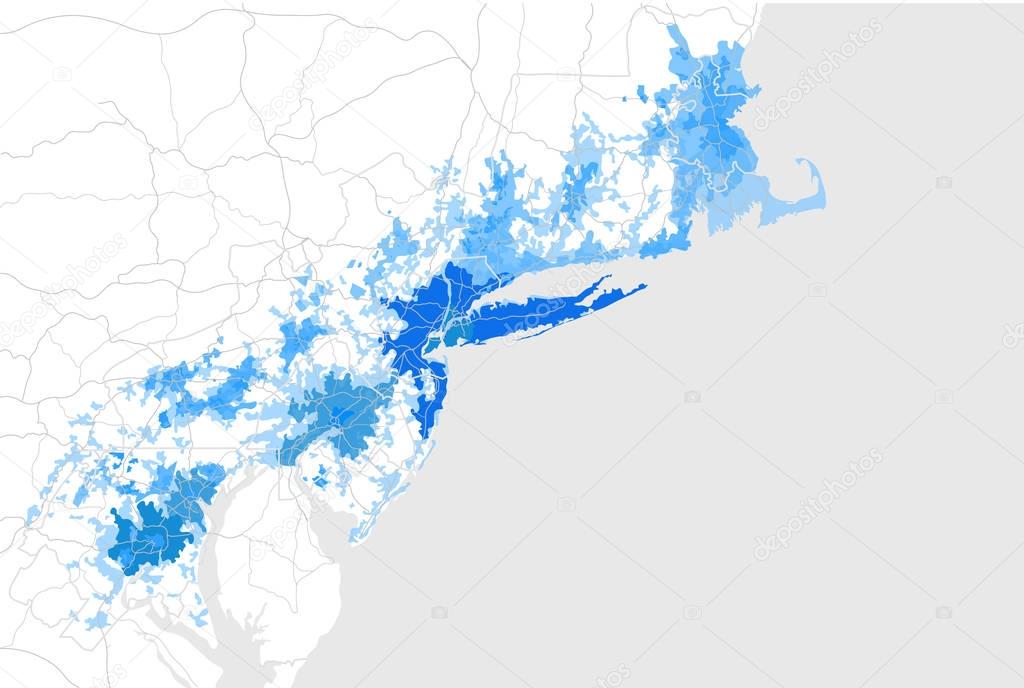map of the agglomeration Washington, New York City Philadelphia, Boston, Baltimore, USA