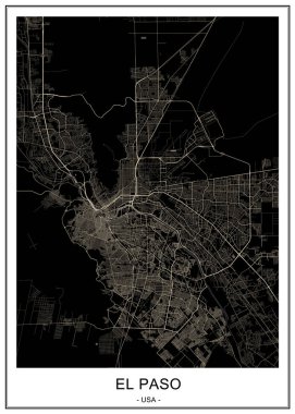 El Paso şehrinin haritası, Teksas, Abd