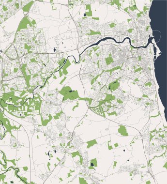 Sunderland şehrinin vektör haritası, Tyne and Wear, Kuzey Doğu İngiltere, İngiltere, İngiltere