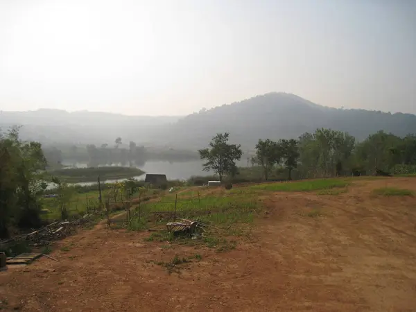 Nevoeiro da manhã em ensolarado meadow.Forested encosta da montanha em baixa nuvem deitada . — Fotografia de Stock