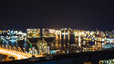 view the city at night, the bridge across the Bay at night, glasses through whic clipart