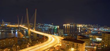 gece, gece, parlak ışıkları tam koyunda köprüden city göster.