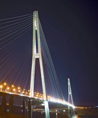güzel bir gece şehir ışıkları. Bay yüksek köprüden dikmesi üzerinde gerilmiş.