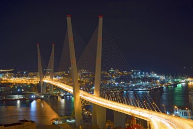 gece, gece, parlak ışıkları tam koyunda köprüden city göster.