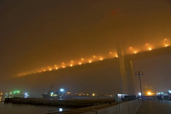 Most we mgle, nad zatoką. — Zdjęcie stockowe