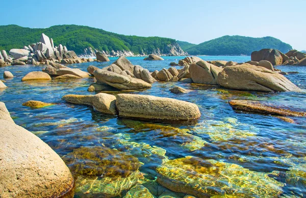 güzel bir plaj birçok yüksek taşları tahrip kayalar, ağaçlar büyümek.