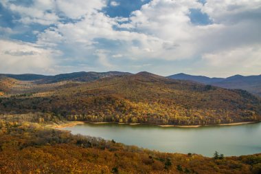 büyük bir depo, üstten görünüm. sonbahar orman ve yüksek mavi gökyüzü, 