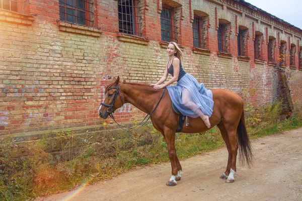 Mladá, blond dívka pózuje s koněm, krásná dívka a silné koně. — Stock fotografie