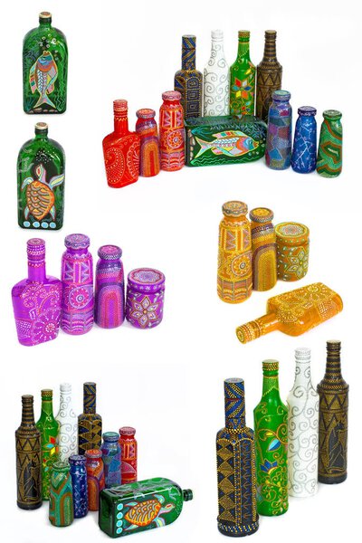 many different bottles, painted dot painted on isolated background. 