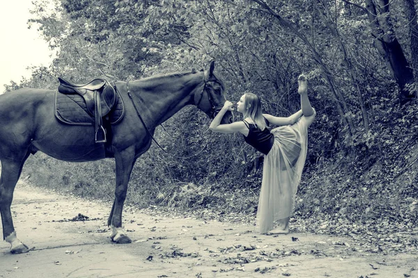 Mladé krásné tanečnice, pózuje s koněm v lese, pružná gymnastka. — Stock fotografie