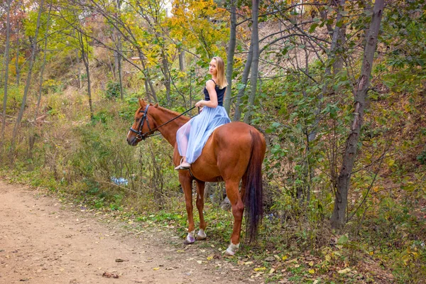 Una joven rubia posando con un caballo, una hermosa chica y un caballo fuerte . — Foto de Stock