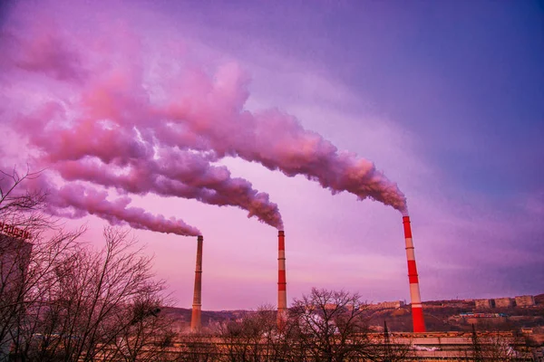 Muitos tubos grandes dos quais vai fumaça suja, gases de escape e pastores, acima da cidade , — Fotografia de Stock