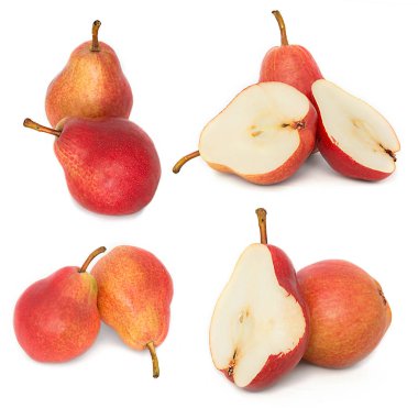 çok büyük, olgun, parlak armut. Armut beyaz bir arka plan, bütün ve kesit.