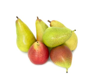 çok büyük, olgun, parlak armut. Armut beyaz bir arka plan, bütün ve kesit.