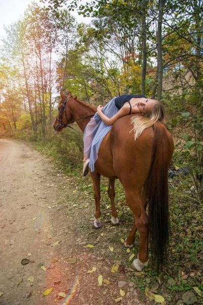 Mladá, blond dívka pózuje s koněm, krásná dívka a silné koně. — Stock fotografie