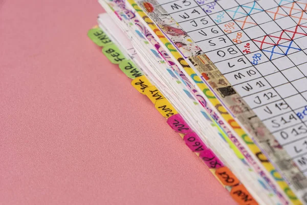 İlk plano de etiquetas de cuaderno al estilo Bullet Journal con los seguimientos de tareas diarias en cuadriculas de colores