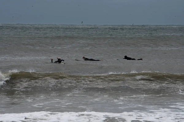 Silhueta de surfistas esperando e remo nadar em tábuas no oceano para pegar e montar ondas grandes passeio para praia — Fotografia de Stock