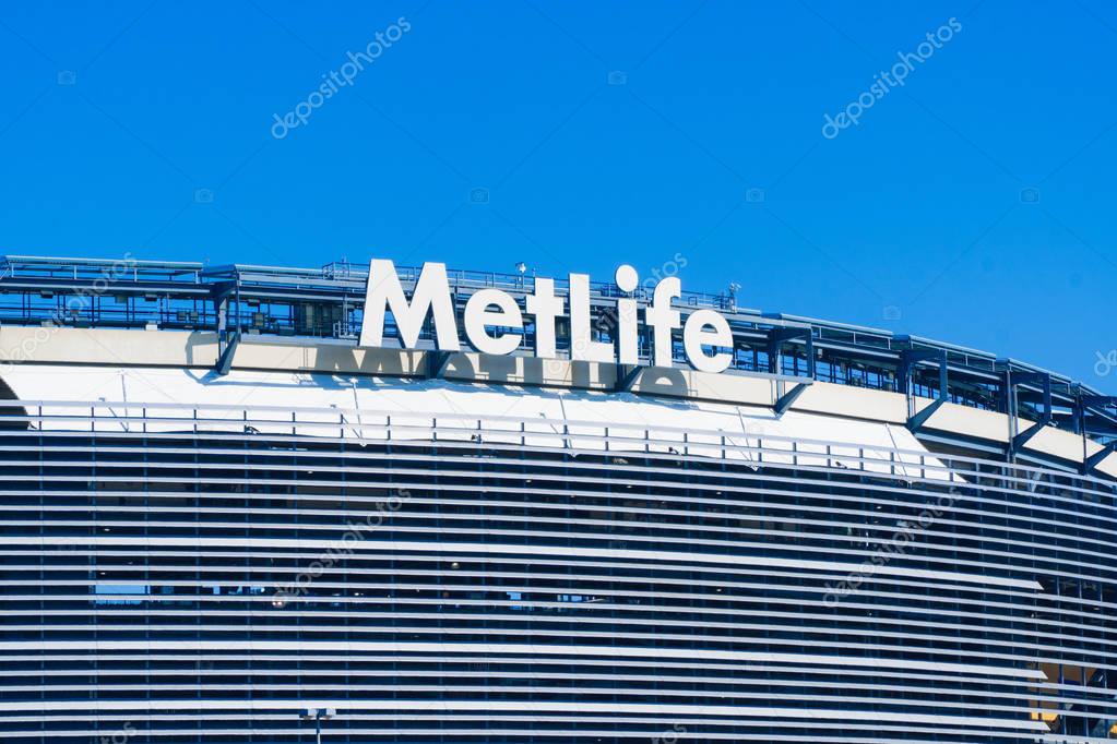 New Jersey, Circa 2017: Metlife Stadium sign building sponsor advertisement outside facade football arena for New York Jets and Giants teams