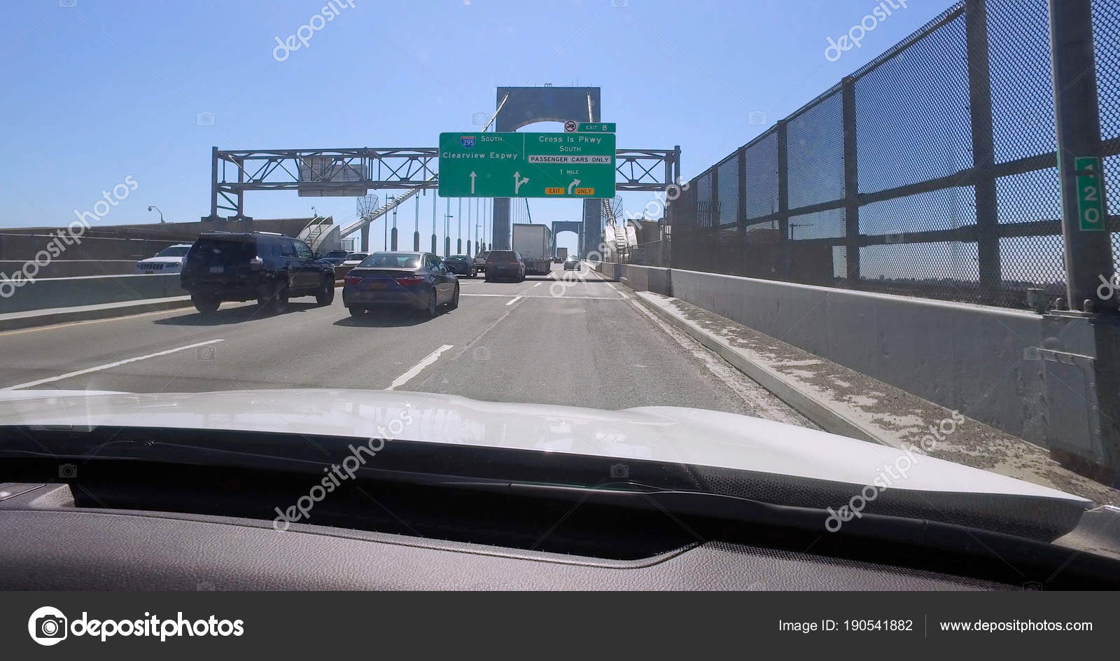 Pov Front Windshield Car View Thogs Neck Bridge New York Stock Photo by