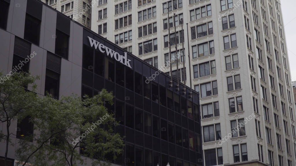 Chicago, USA - Circa 2019: Wework american real estate company provide shared work space for technology start up businesses