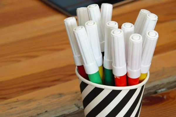 Set Felt Tip Pens Different Colors Box Table — Stock Photo, Image