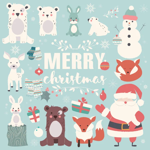 Verzameling van Kerstmis dieren, belettering en Santa Claus, Merry Christmas — Stockvector