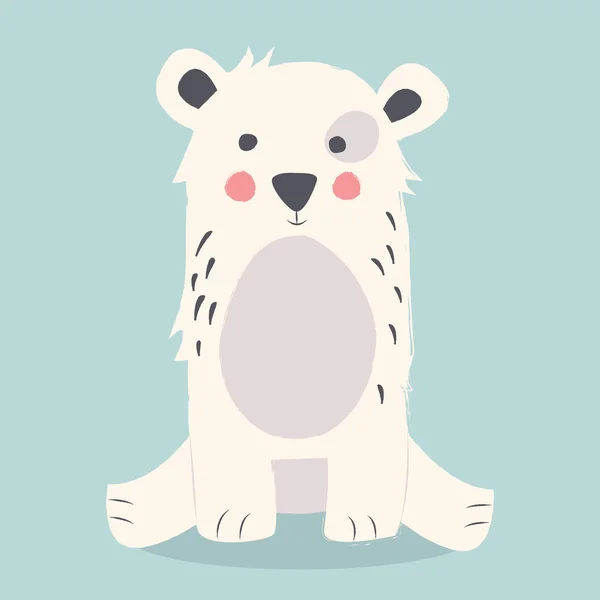 Cute polar bear sitting on the ground on blue background — Stock Vector