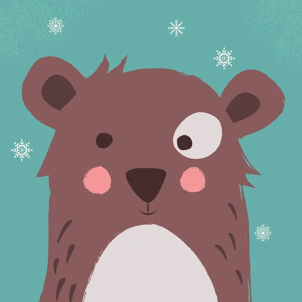 Cute brown bear with snowflakes on blue background — Stock Vector