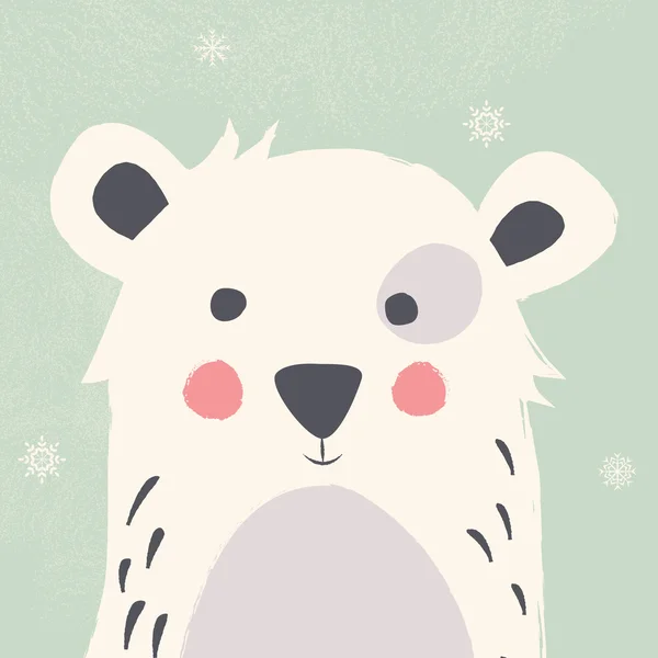 Cute polar bear with snowflakes on green background — Stock Vector