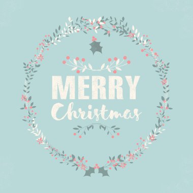 Neşeli Noel Kartpostalı yazı ile ve çiçek çelenk