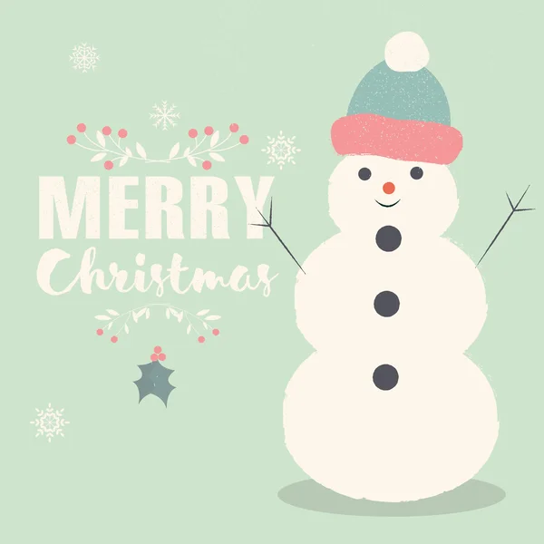 Merry Christmas bokstäver vykort med leende snögubbe — Stock vektor