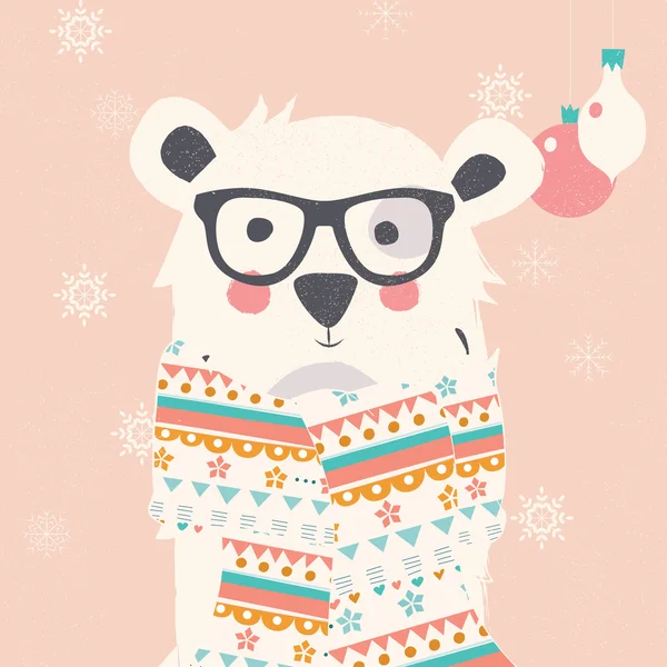 Merry Christmas ansichtkaart met hipster polar white bear dragen van s — Stockvector