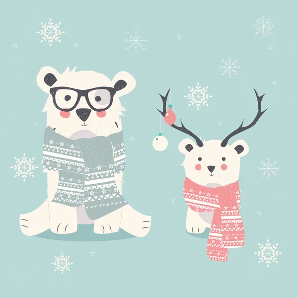 Merry Christmas ansichtkaart met twee ijsberen, hipster en welp — Stockvector