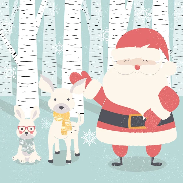 Noel Baba, geyik, tavşan ormanının içinde ile neşeli Noel Kartpostalı — Stok Vektör