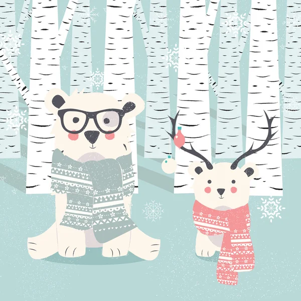 Fröhliche Weihnachtspostkarte mit zwei weißen Eisbären im Wald — Stockvektor