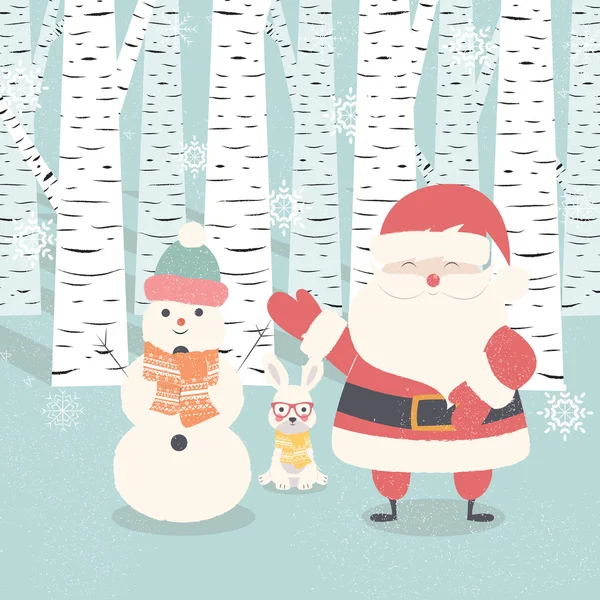 Noel Baba, kardan adam, fo tavşan ile neşeli Noel Kartpostalı — Stok Vektör