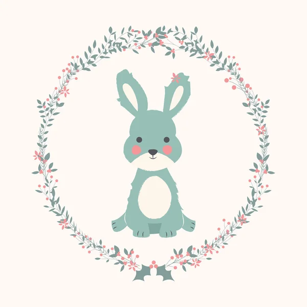 クリスマスの花と枝の花輪のかわいい赤ちゃんウサギ — ストックベクタ