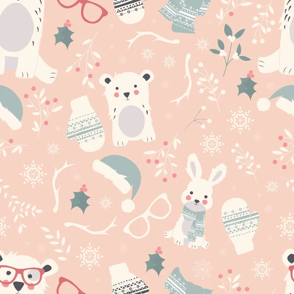 Seamless Merry Christmas patterns with cute polar animals, bears — Διανυσματικό Αρχείο