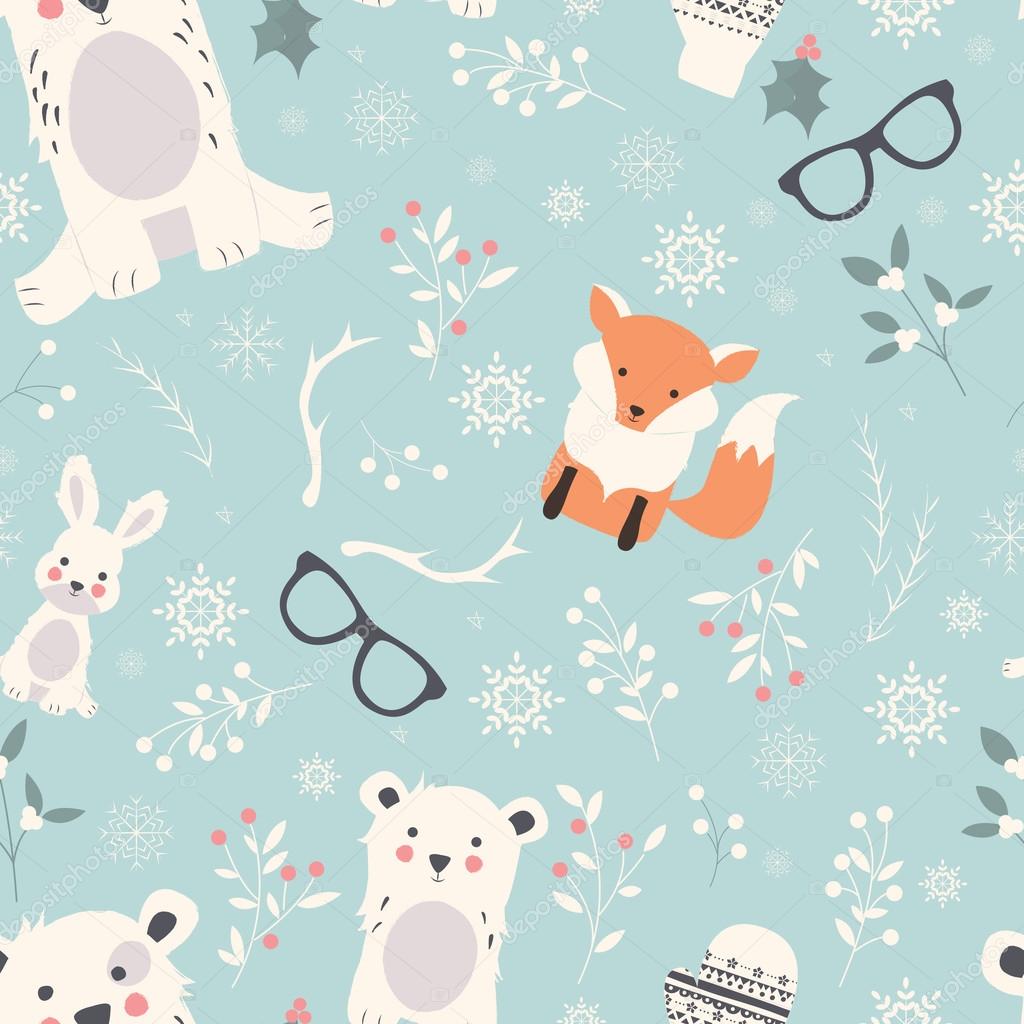 Seamless Merry Christmas patterns with cute polar animals, bears