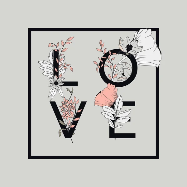 Fiori tipografia poster design, testo e floreale combinato, parola amore — Vettoriale Stock