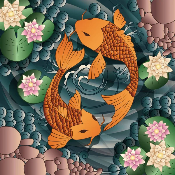 Ikan mas Koi berenang di kolam dengan bunga lili - Stok Vektor