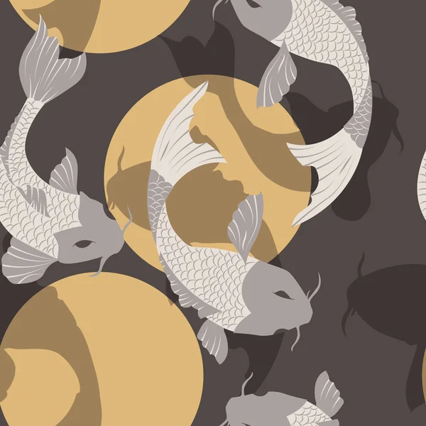 Patrón sin costuras con peces koi carpa y sol, arte tradicional japonés — Vector de stock