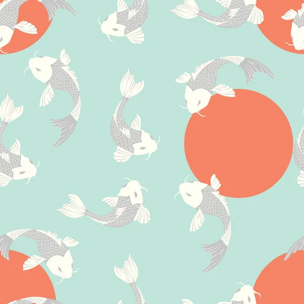 Patrón sin costuras con peces koi carpa y sol, arte tradicional japonés — Vector de stock