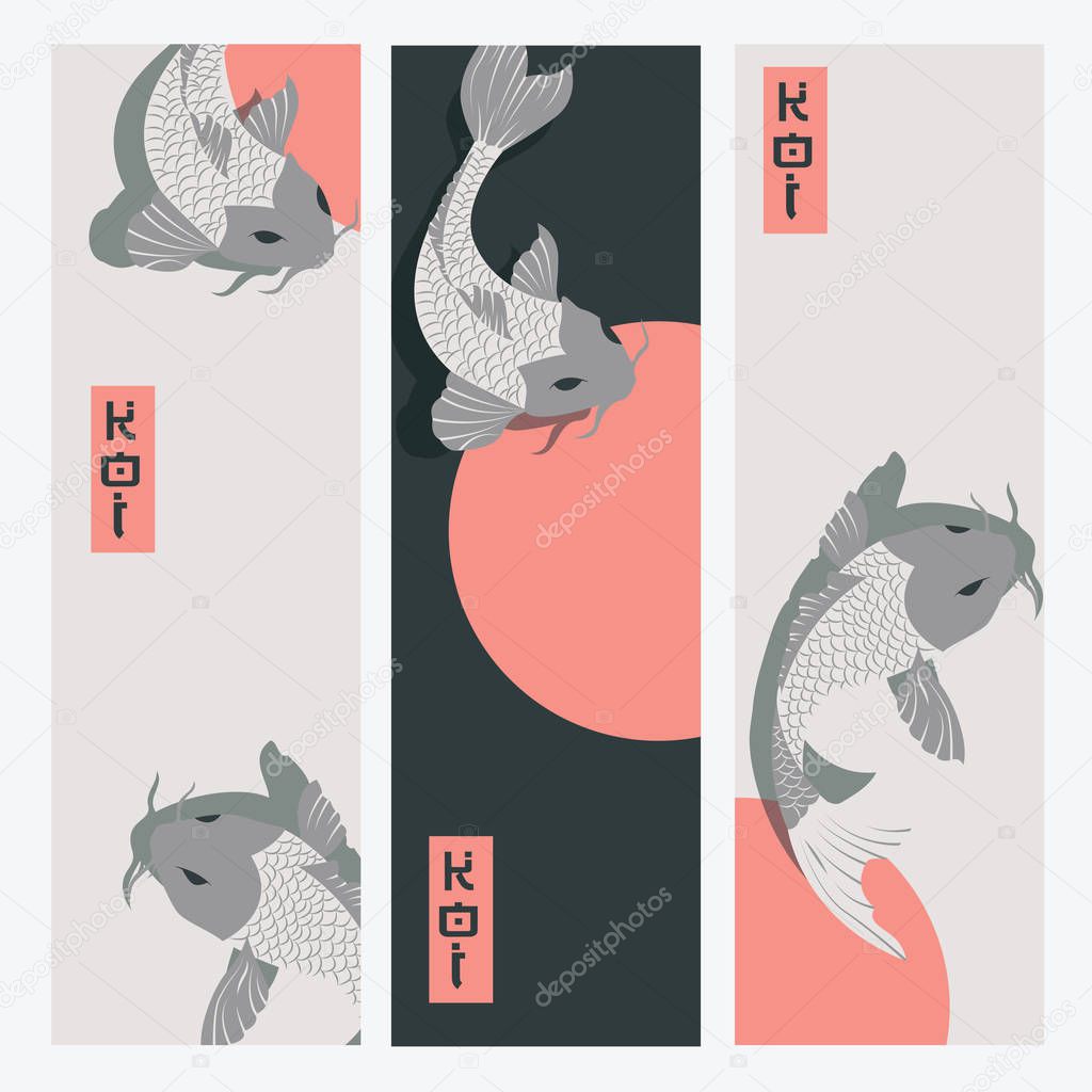 Three vertical banners with carp koi fish swimming around Sun