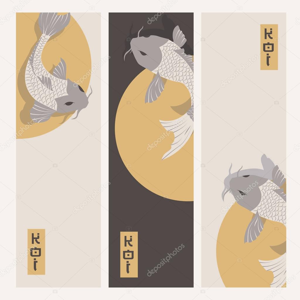 Three vertical banners with carp koi fish swimming around Sun