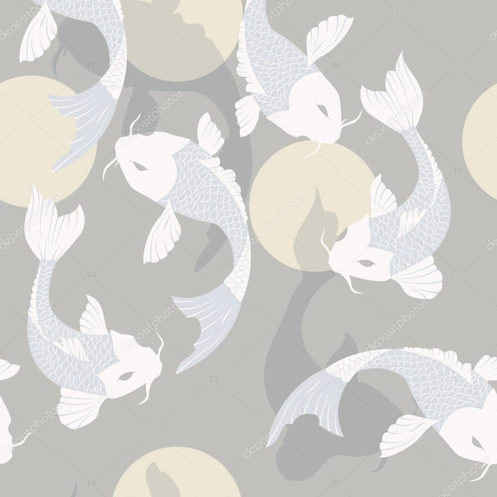 Seamless pattern with carp koi fish and sun, traditional japanese art