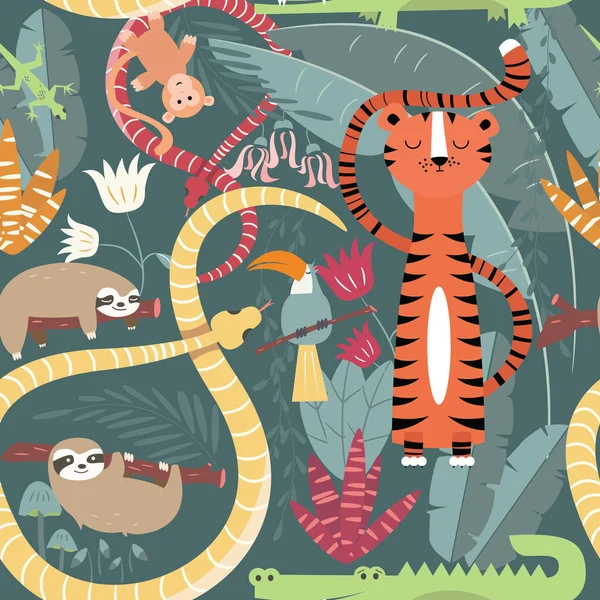 与可爱的雨森林动物、 虎、 蛇、 sl 无缝模式 — 图库矢量图片