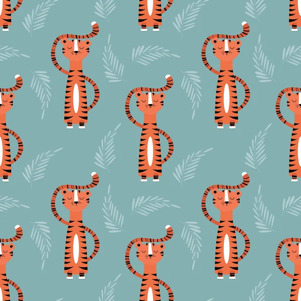 Seamless pattern with cute jungle orange tiger on blue background — Stock Vector