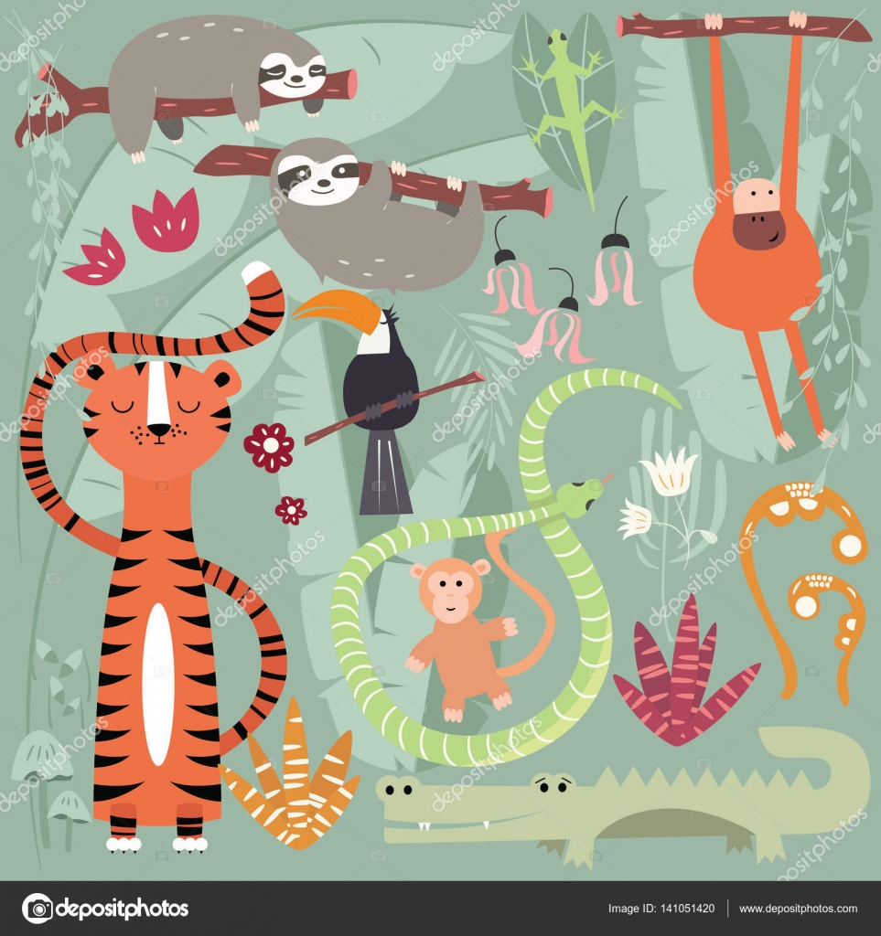 Collection of cute rain forest animals, tiger, snake, sloth, monkey Stock  Vector Image by ©BlueLela #141051420